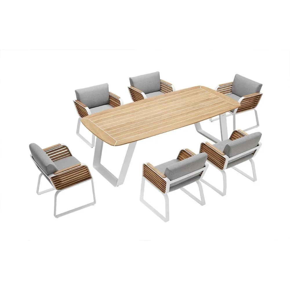 Premium Garten Essgruppe mit Holz-Tisch und 6 Stühlen, modernes Outdoor-Design für Terrasse