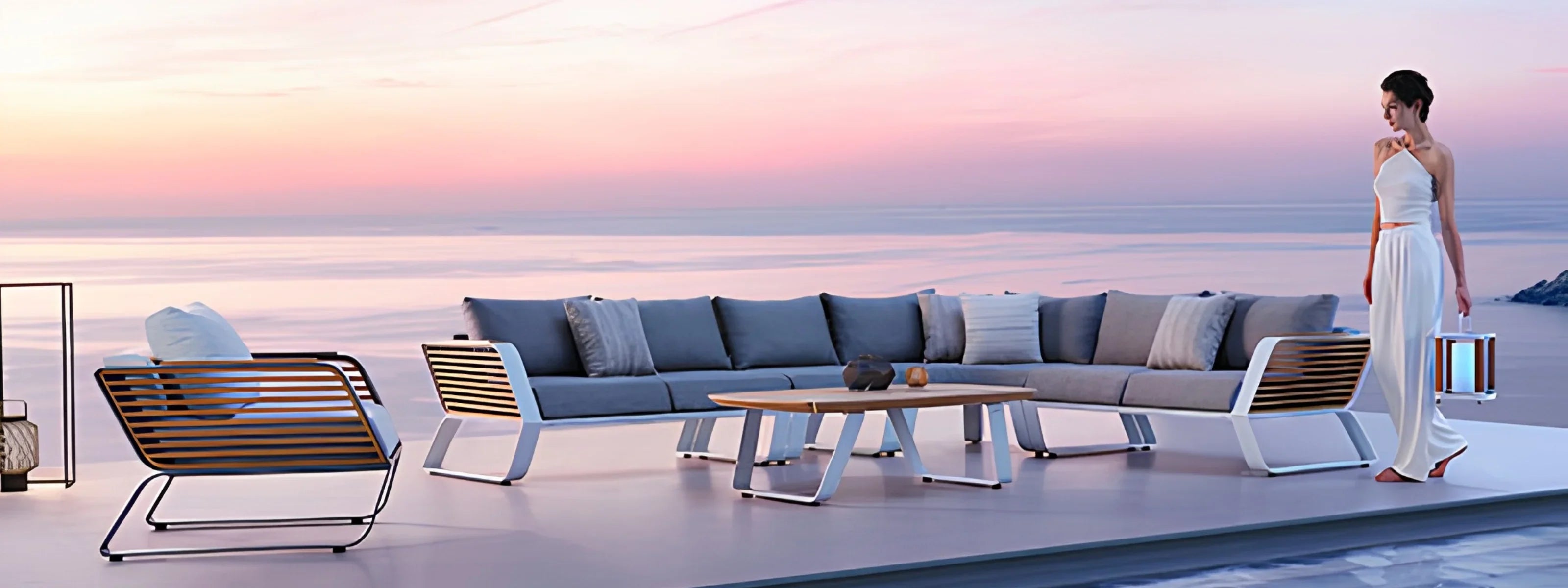 Luxuriöse Higold Loungegruppe auf moderner Terrasse mit Meerblick bei Sonnenuntergang, Outdoor Designmöbel