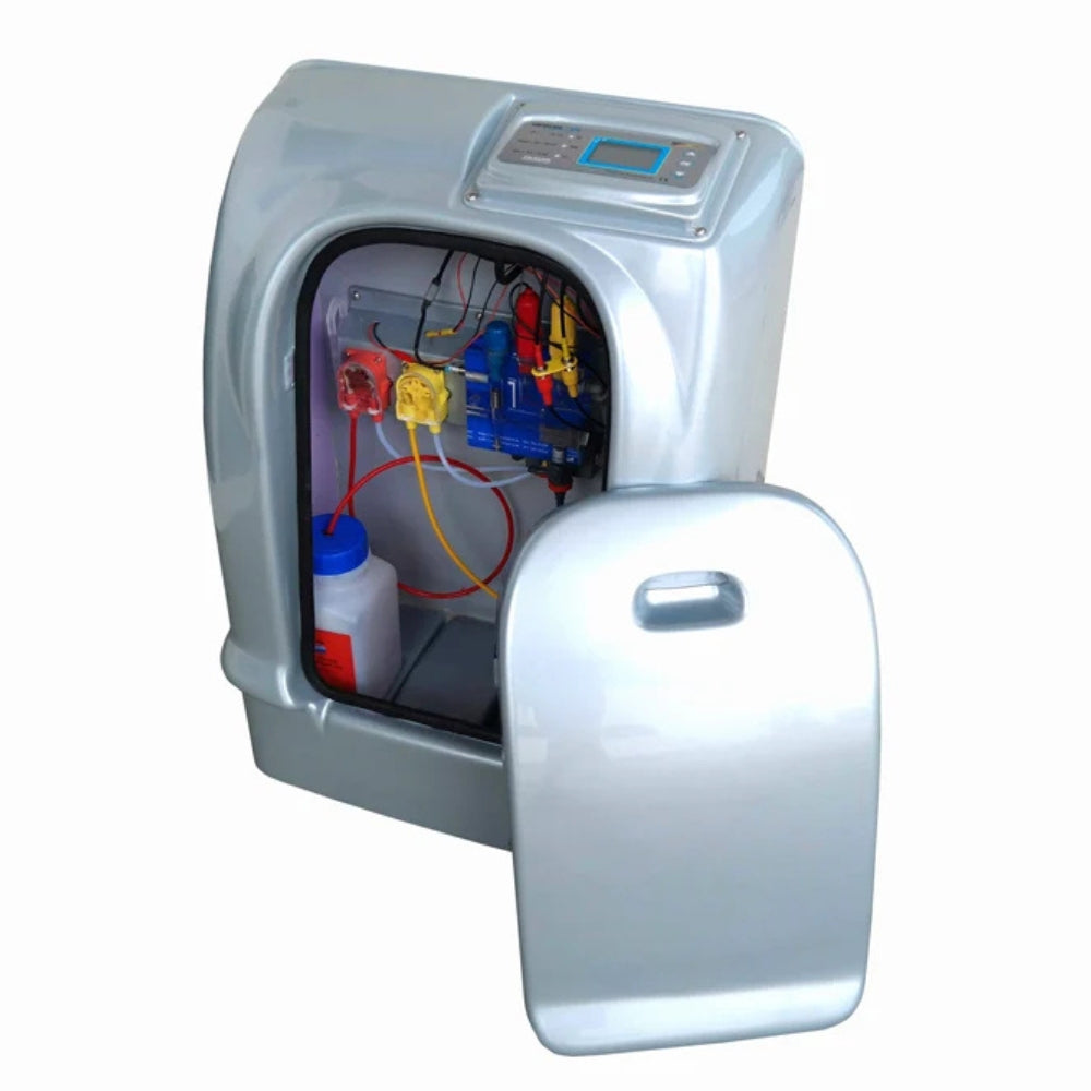 Geöffnete Pichler WPD-A3 Thermobox mit Dosierpumpen und Messzelle