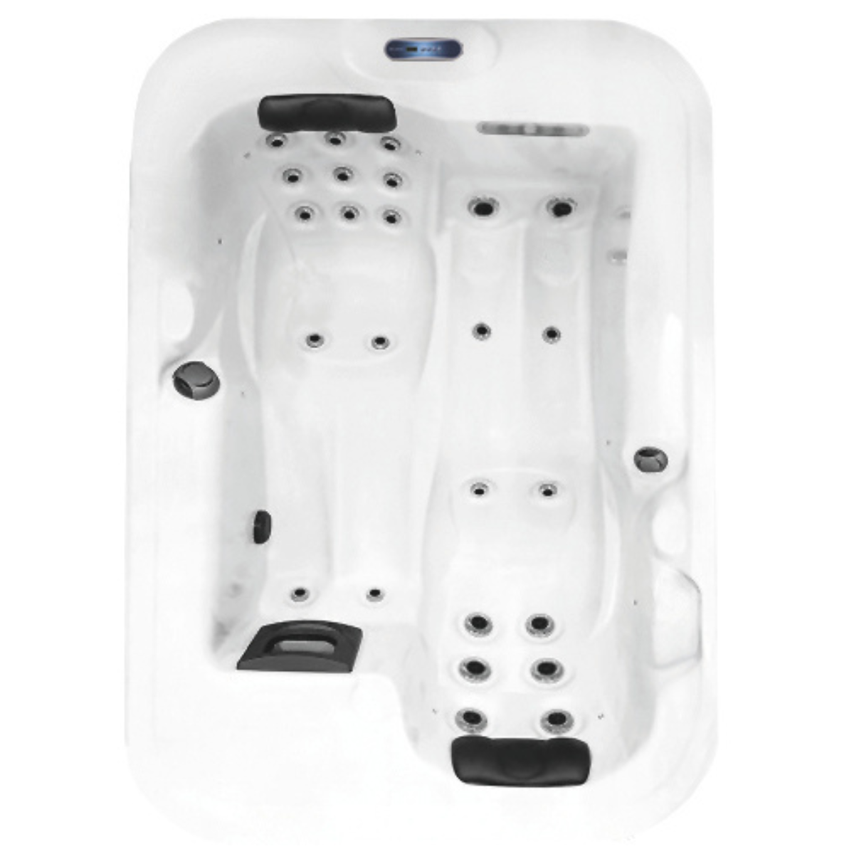 Outdoor Whirlpool PureLine Balance 22 in Pure White mit zwei ergonomischen Liegeplätzen und Massagedüsen von oben sichtbar.