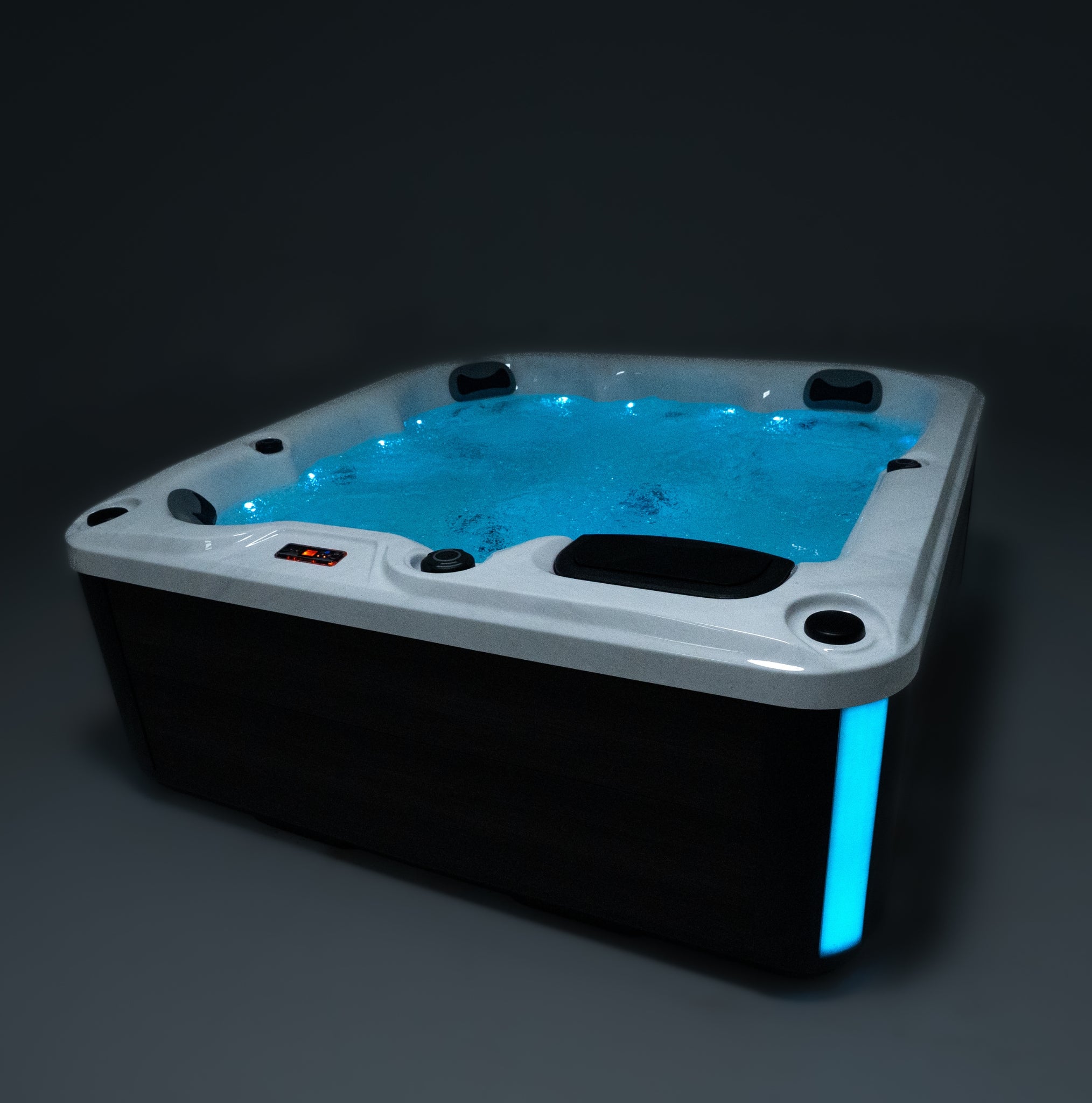Outdoor Whirlpool PureLine Balance 28 mit LED-Beleuchtung, 28 Massagedüsen und Bluetooth-Sound für entspanntes Wellness im Garten.