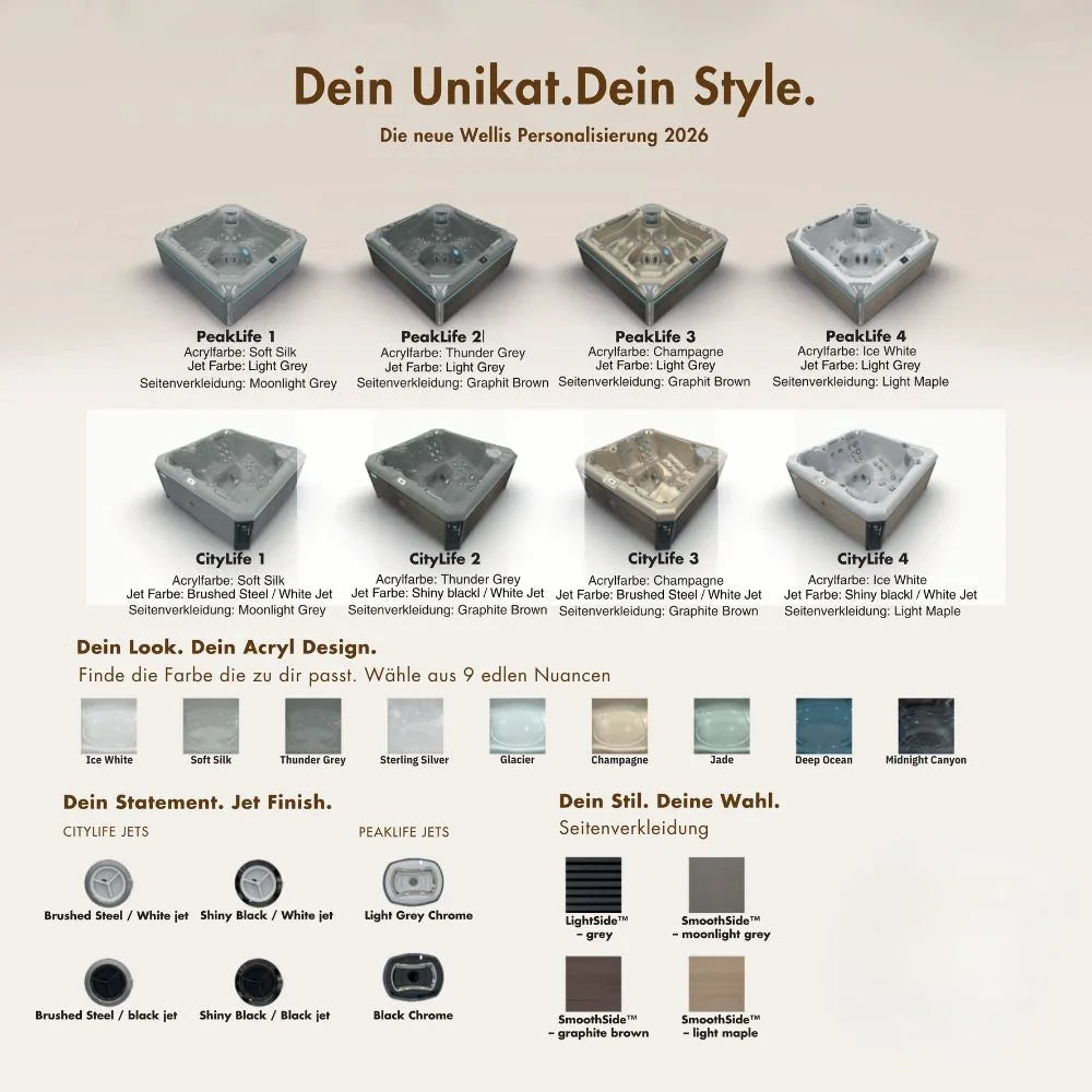 Wellis Whirlpool-Modelle PeakLife und CityLife 2026, Optionen für Acrylfarbe, Jet-Finish und Seitenverkleidung