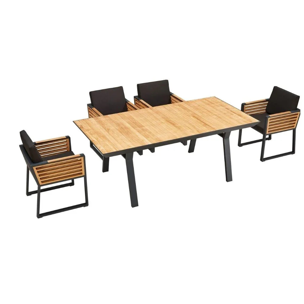 Higold Garten-Essgruppe mit 6 Stühlen, Aluminiumgestell und Tischplatte aus Teakholz, modernes Outdoor-Design
