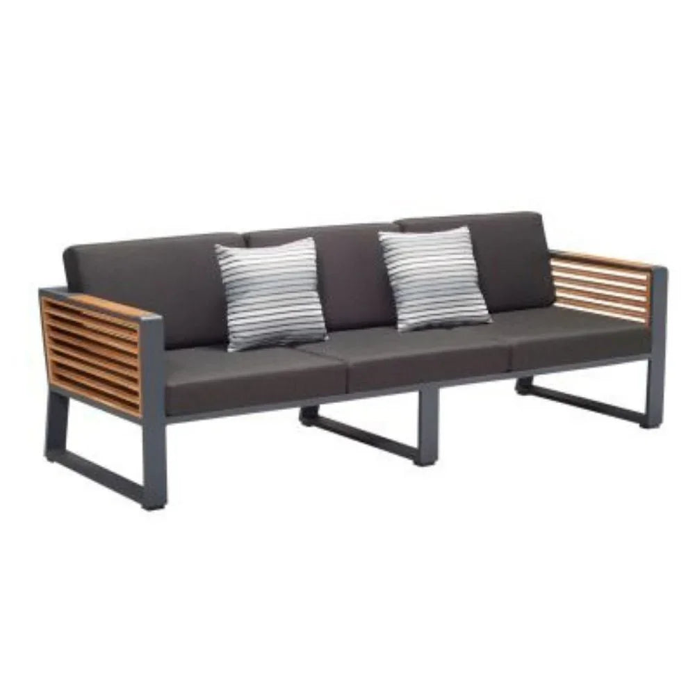 Higold Premium Gartensofa 3-Sitzer aus Aluminium und Holz, modernes Design, grau mit Streifen-Kissen