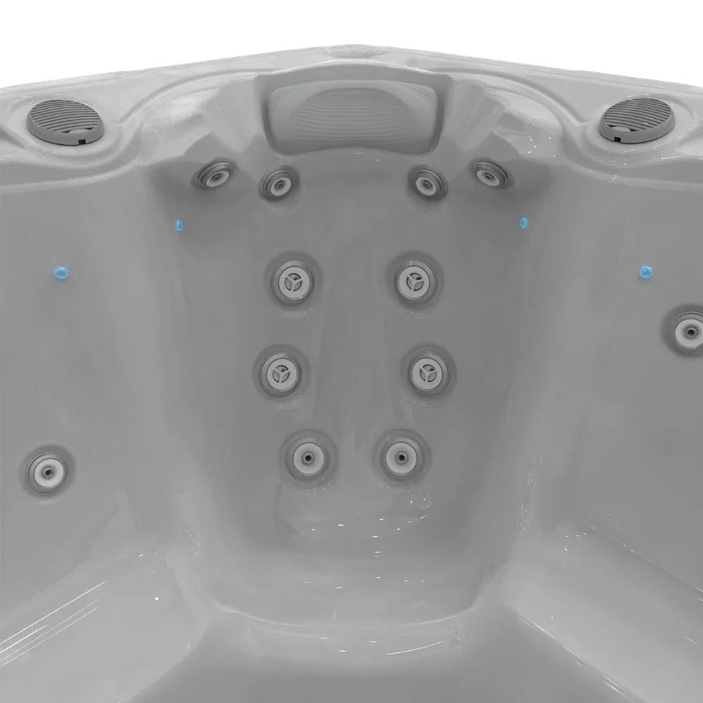 Detailansicht Wellis Outdoor Whirlpool, ergonomische Sitzfläche mit Massagedüsen, modernes Design, grau