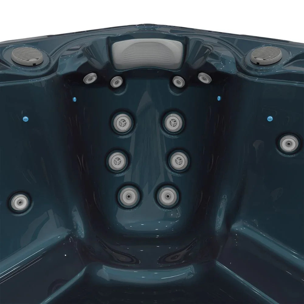 Detailansicht Wellis Whirlpool Jets und Kopfstütze, modernes Outdoor Spa Design, dunkelblau