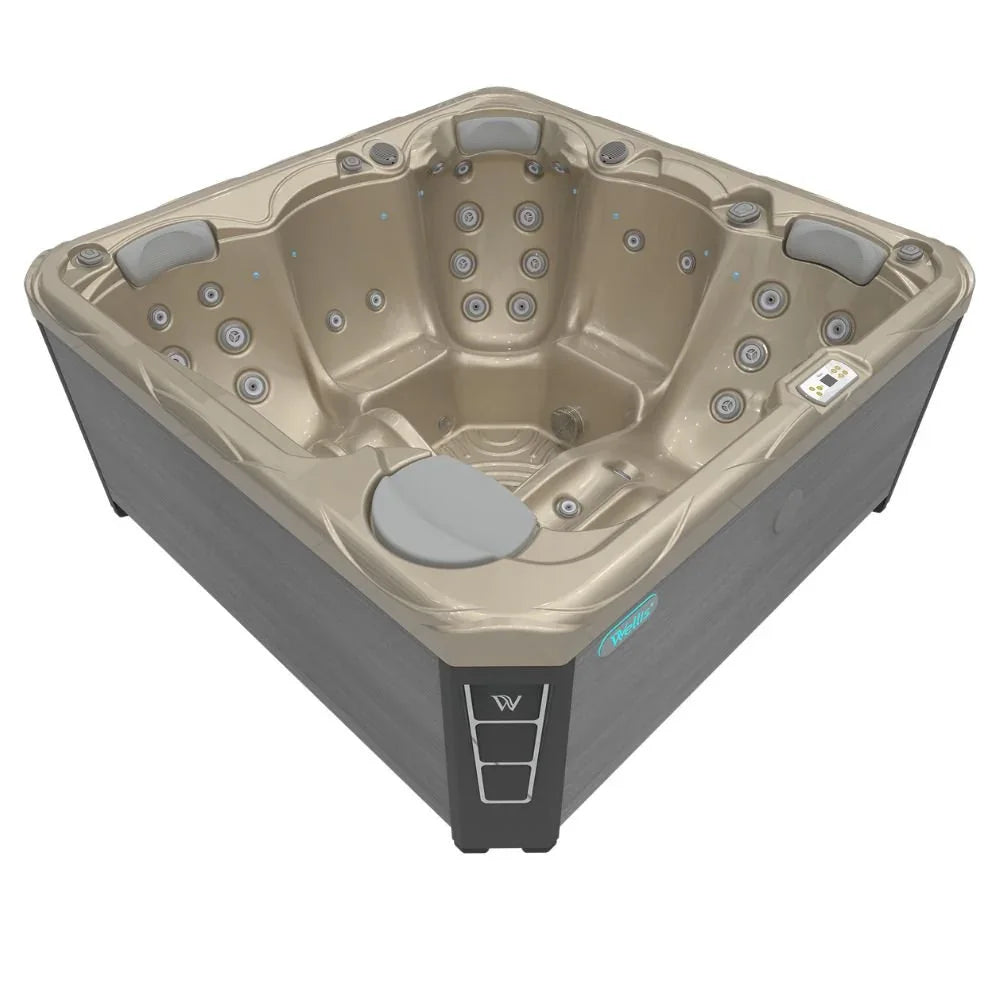 Wellis Outdoor Whirlpool Modell mit goldener Wanne, graue Verkleidung, luxuriöses Design