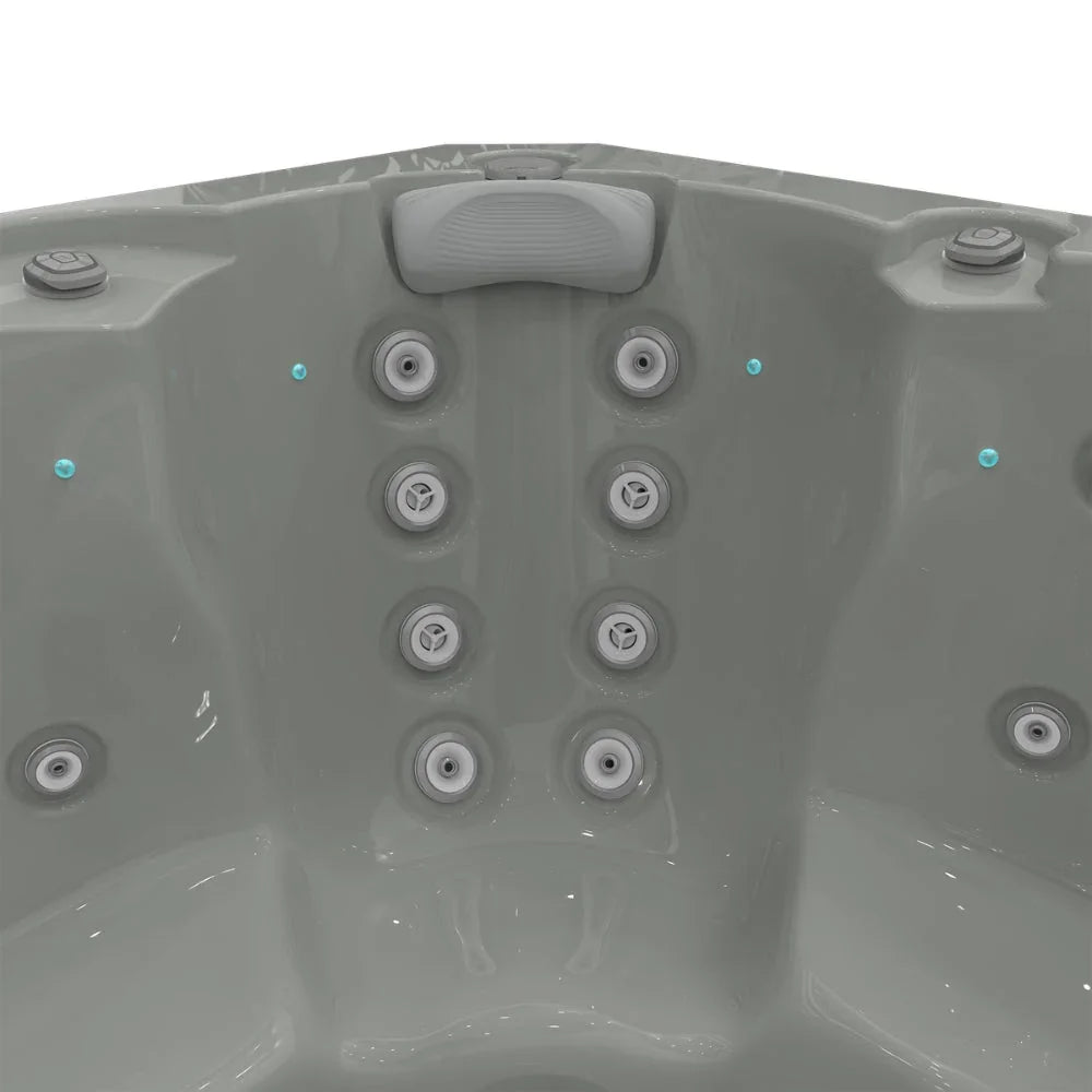 Detailansicht Whirlpool mit grauer Acryl-Oberfläche, Massagejets und Kopfstütze, Outdoor-Design