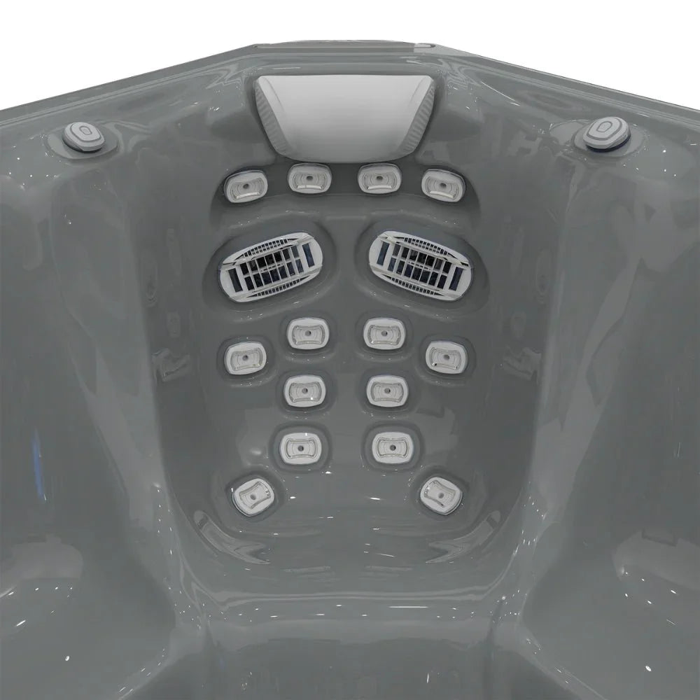 Detailaufnahme moderner Wellis Whirlpool Sitzfläche mit Jets, graues Acryl, Massagefunktion
