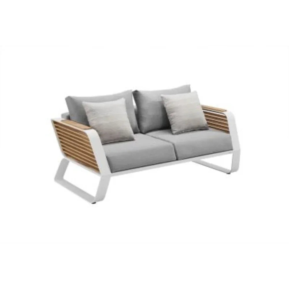 Exklusive Higold Gartenlounge aus Aluminium und Holz, moderne Outdoor Sitzbank mit grauen Polstern, ideal für Terrasse und Wellnessbereich